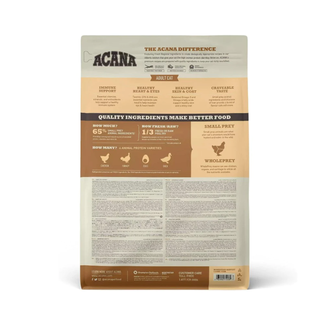Acana Cat Homestead Harvest Adult Cat Recipe back of packaging
